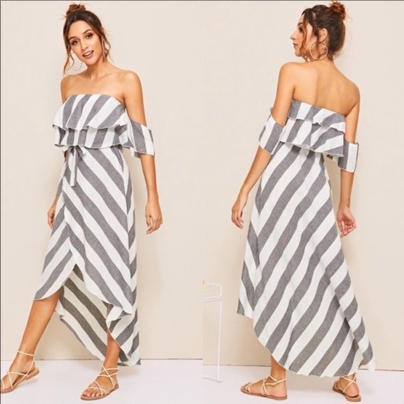 Gray/White Ruffle High-Low Flounce Dress L/8/10/12 - Picture 3 of 4